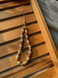 Handmade pearl and amber stone chip phone charm with silver clasp