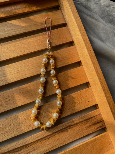 Handmade pearl and amber stone chip phone charm with silver clasp