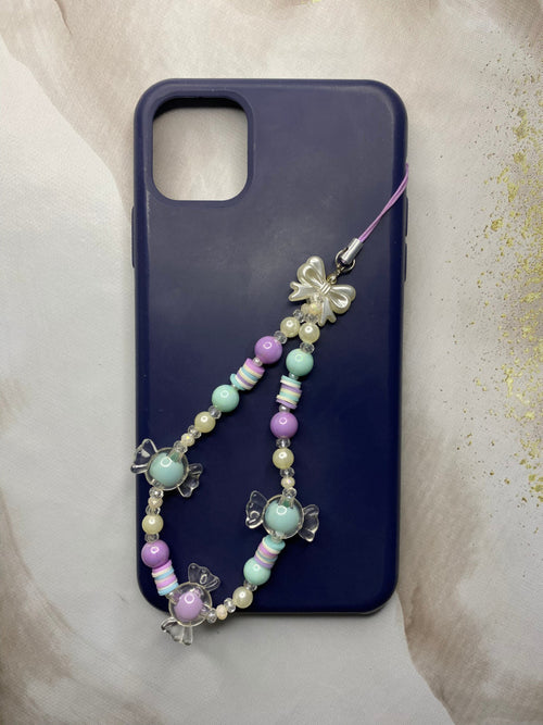 Handmade kawaii candy bow phone charm pastel mint and lavender