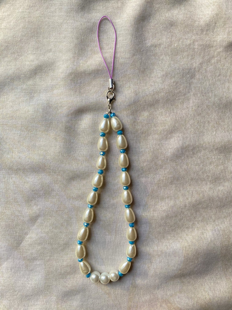 Handmade oval pearl and turquoise crystal phone charm with silver clasp